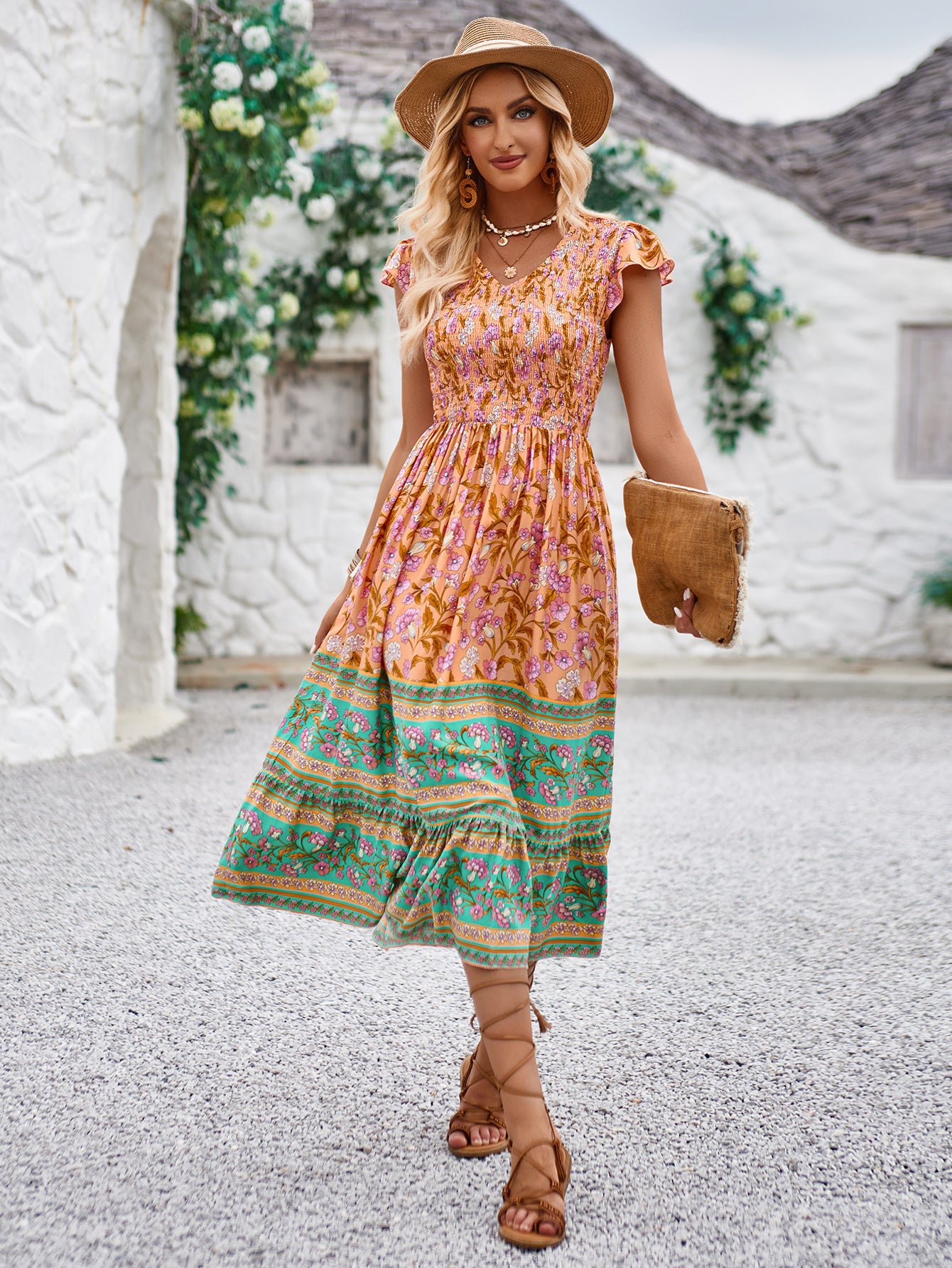 Floral Pattern Short Sleeve Dress