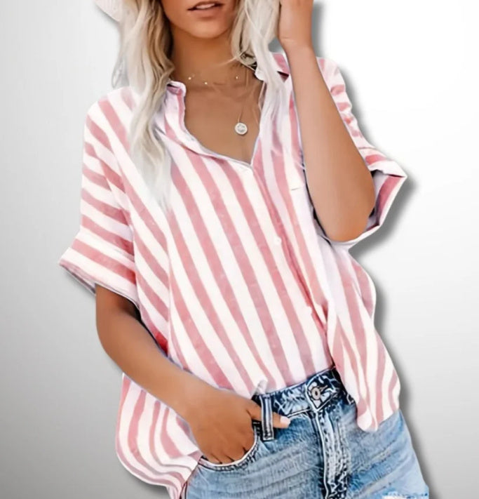 Striped Cotton Short Sleeve Button Down Top