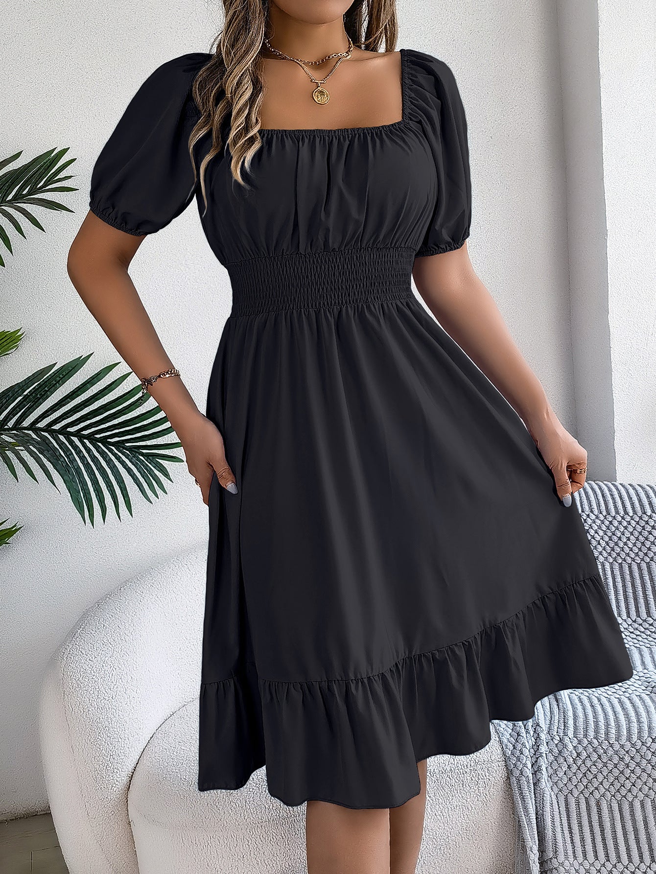 Elastic Waist Puff Sleeve Dress