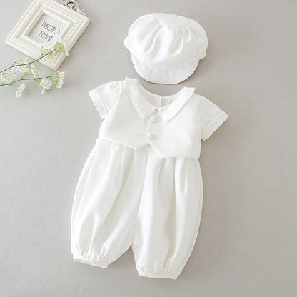 Boy's White Full Moon Full Year Wine Suit With Hat Dress Two-piece Set