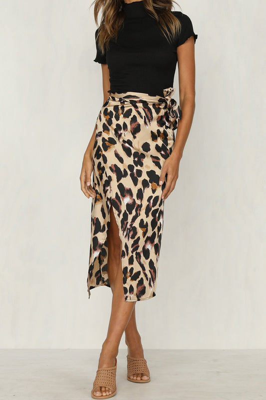 Leopard Print Slit Midi Skirt