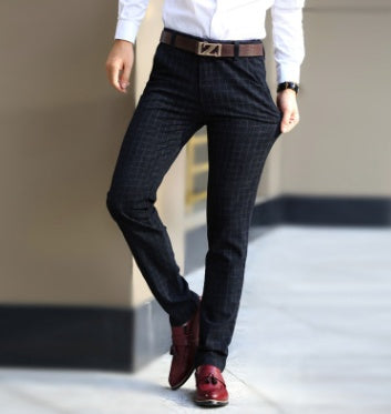 Men's Plaid Cotton and Linen Casual Pants Men's Youth Slim Straight Pants Long Pants