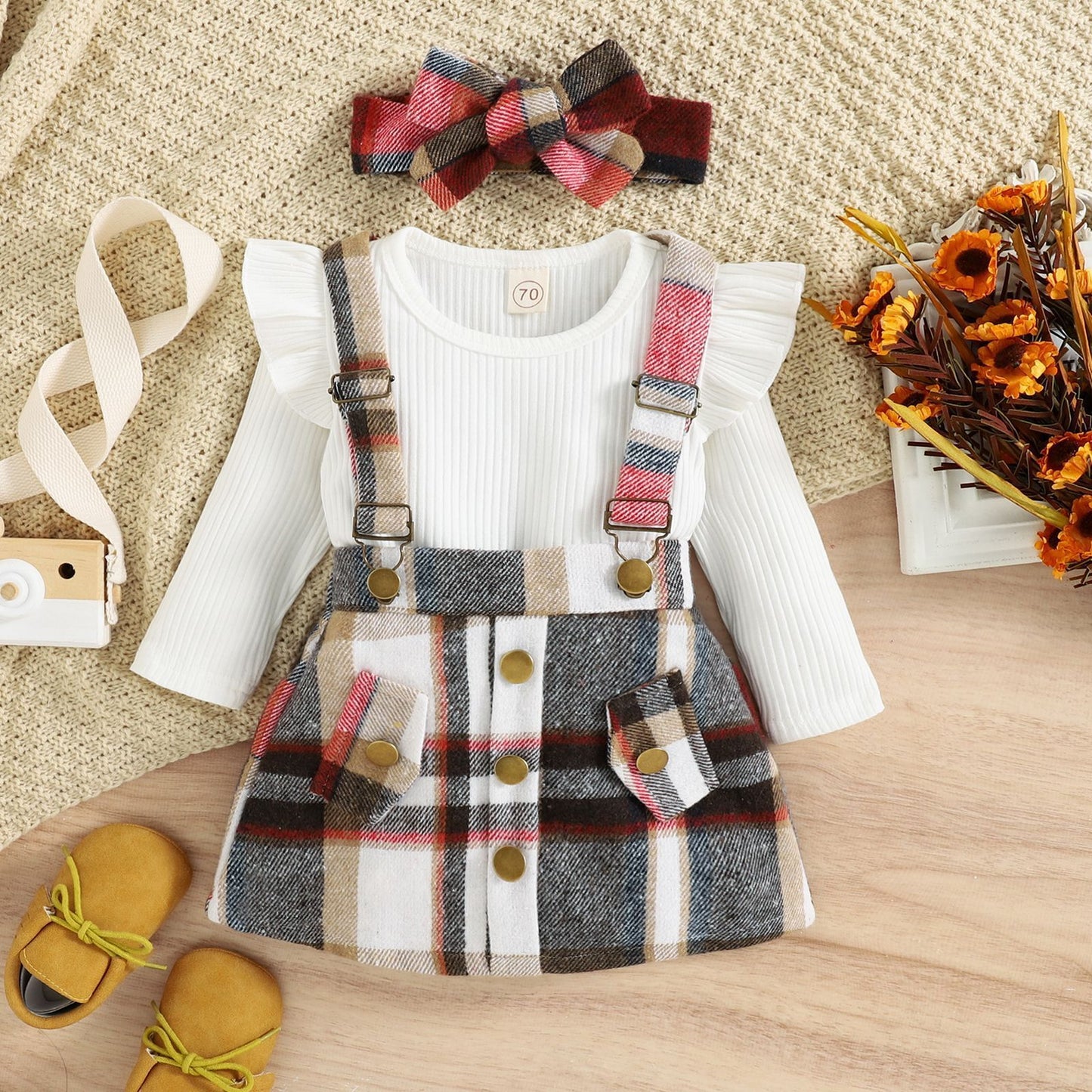 Sunken Stripe Top Bow Flounced Sleeve Check Overall Dress Girls' Two-piece Suit