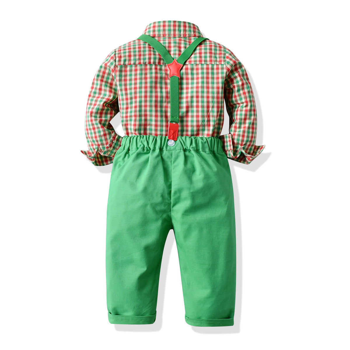 Boy's Long-sleeved Plaid Shirt And Overalls