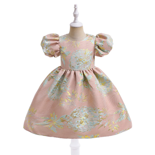 Girls' Jacquard Dress Princess Dress Middle And Big Puff Sleeve Pettiskirt