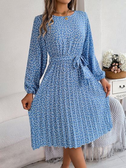 Pleated Long Sleeve Floral Dress