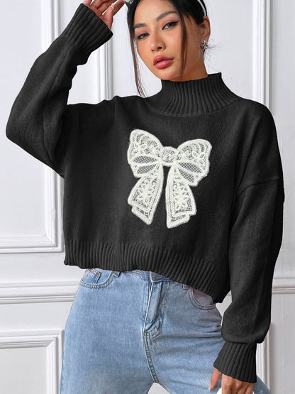 Lace Bow High Neck Sweater