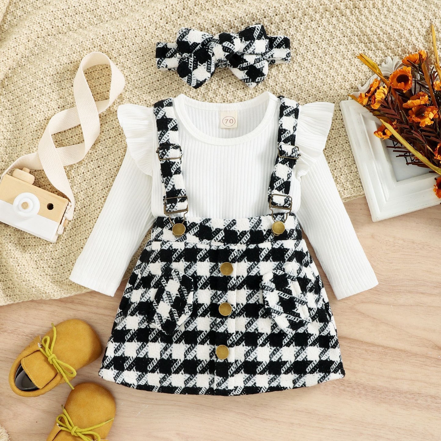 Sunken Stripe Top Bow Flounced Sleeve Check Overall Dress Girls' Two-piece Suit