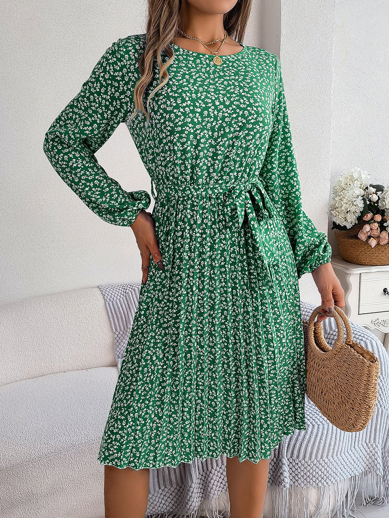 Pleated Long Sleeve Floral Dress