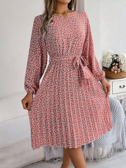 Pleated Long Sleeve Floral Dress