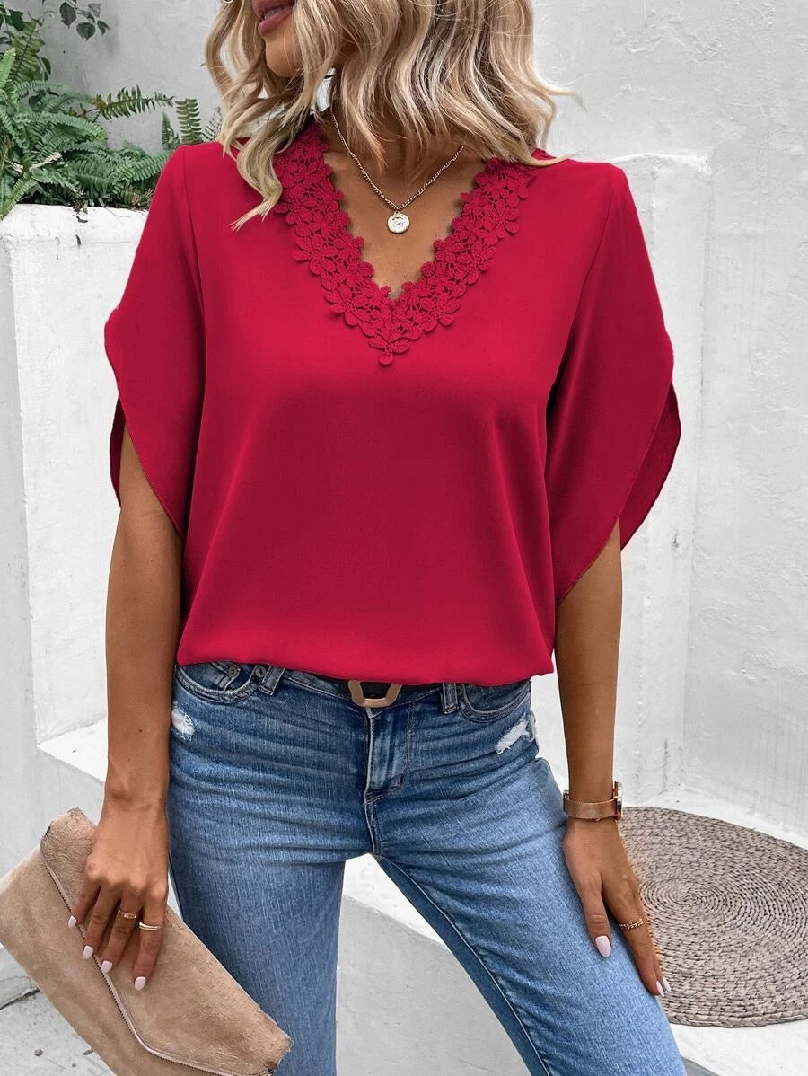 Embroidered Neckline Short Sleeve Blouse