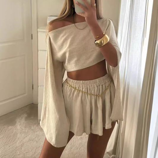 Linen Off-Shoulder Top and Shorts Set