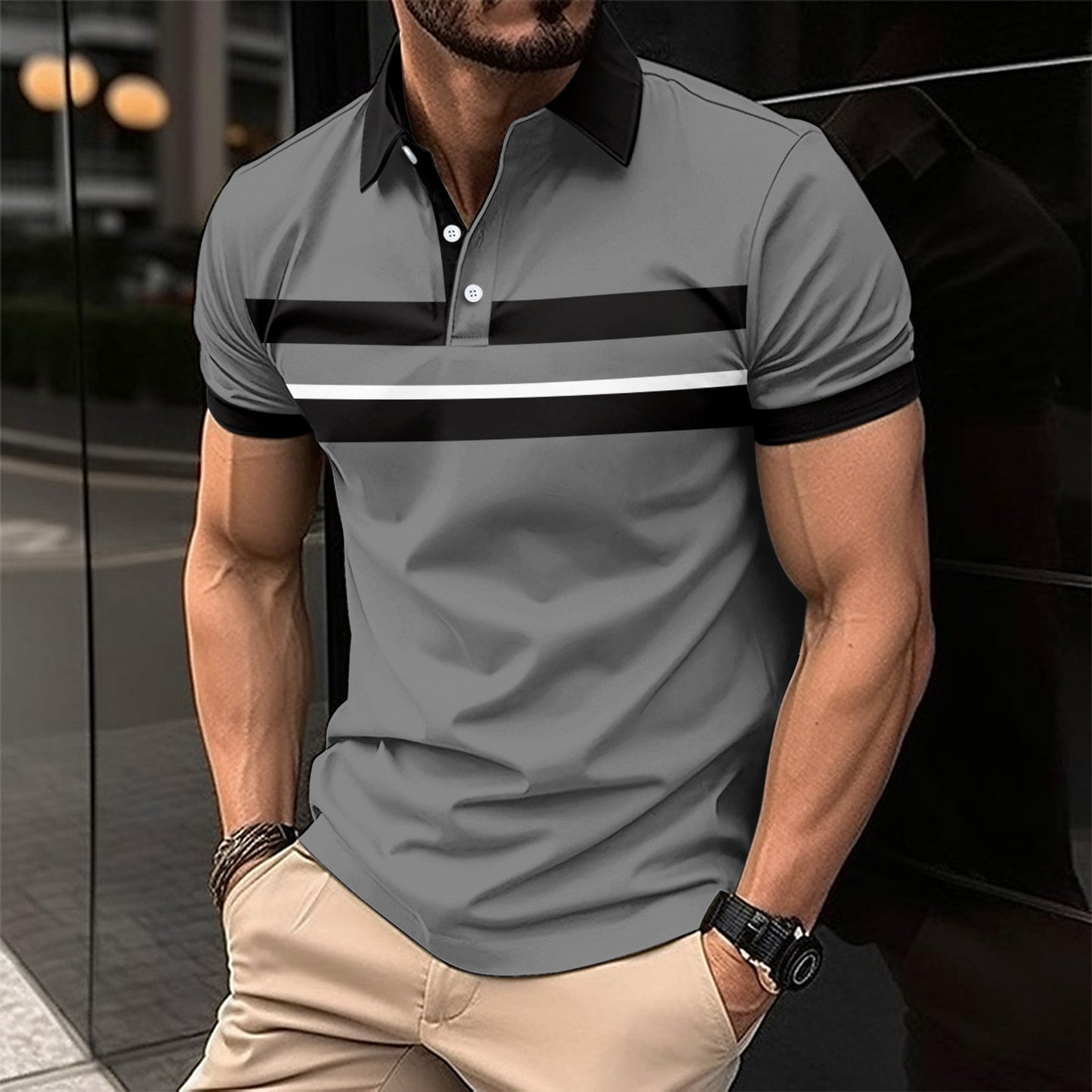 Men's Casual Polo Collar Button Business Digital Printed All-matching Top