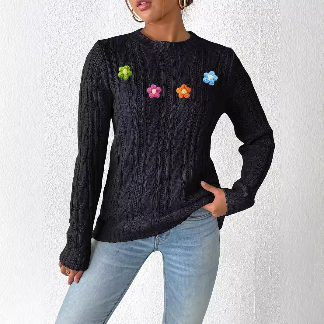 Flower Detail Round Neck Sweater