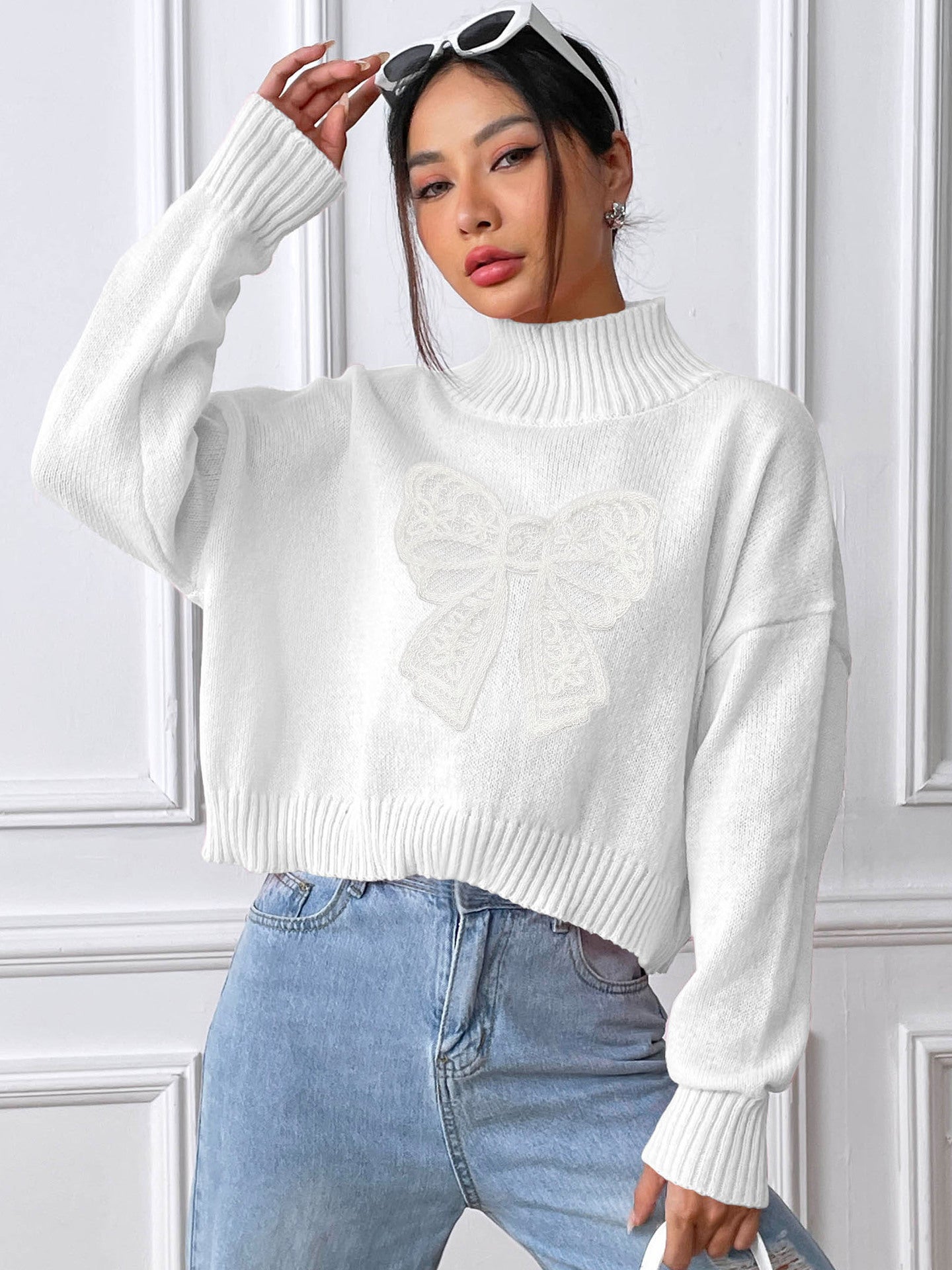 Lace Bow High Neck Sweater