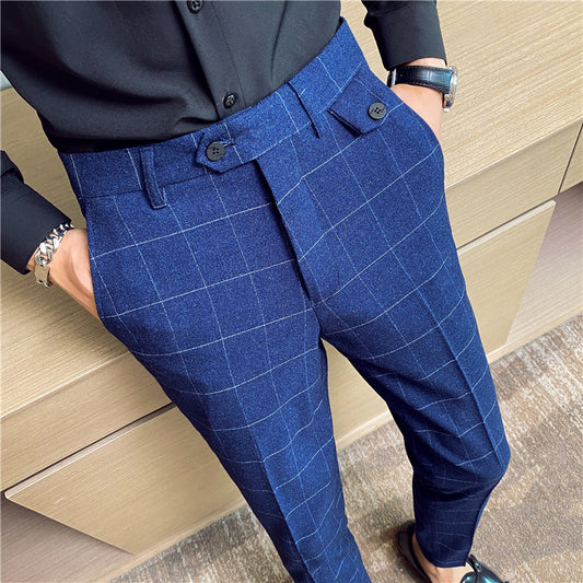 British Classic Checkered Elegant Slim Fit Men's Best Man Pencil Pants Suit Pants