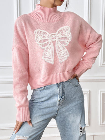 Lace Bow High Neck Sweater