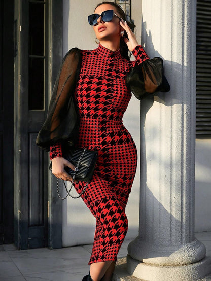 Houndstooth Long Sleeve Midi Dress