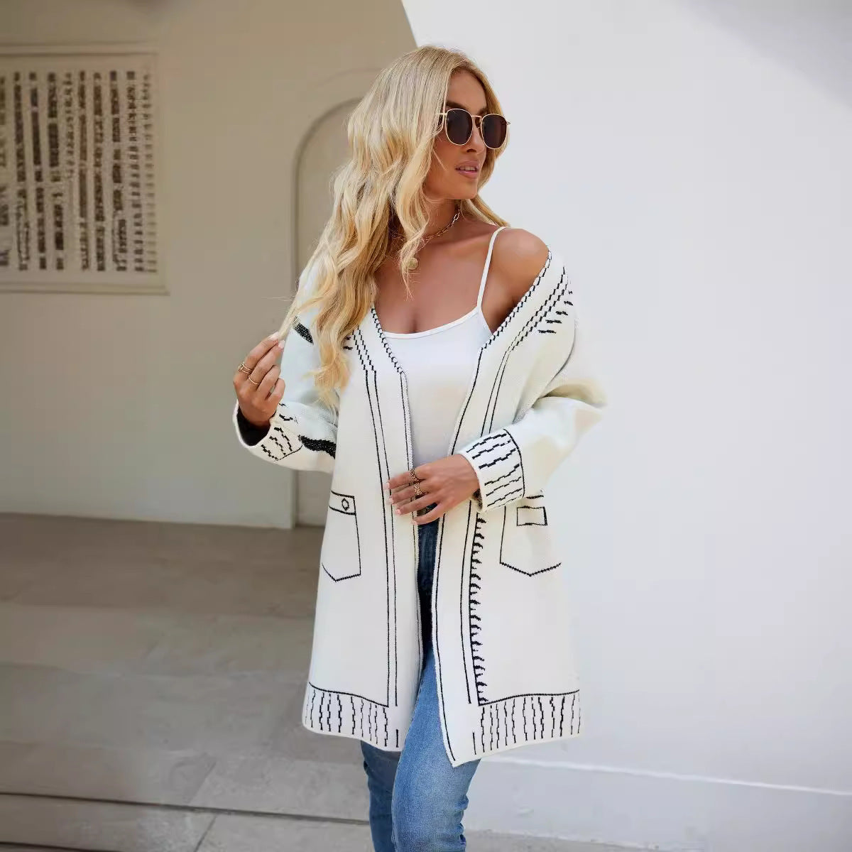 Long Sweater Coat Jacquard Lazy Knitting