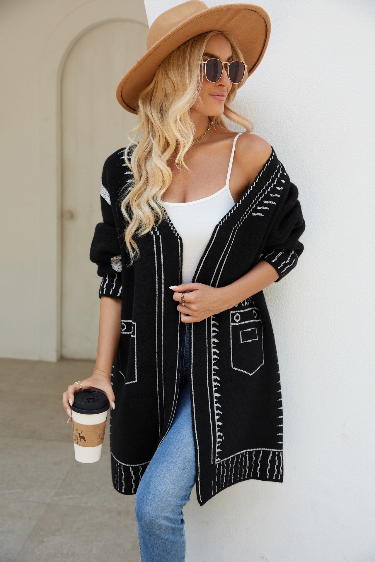 Long Sweater Coat Jacquard Lazy Knitting