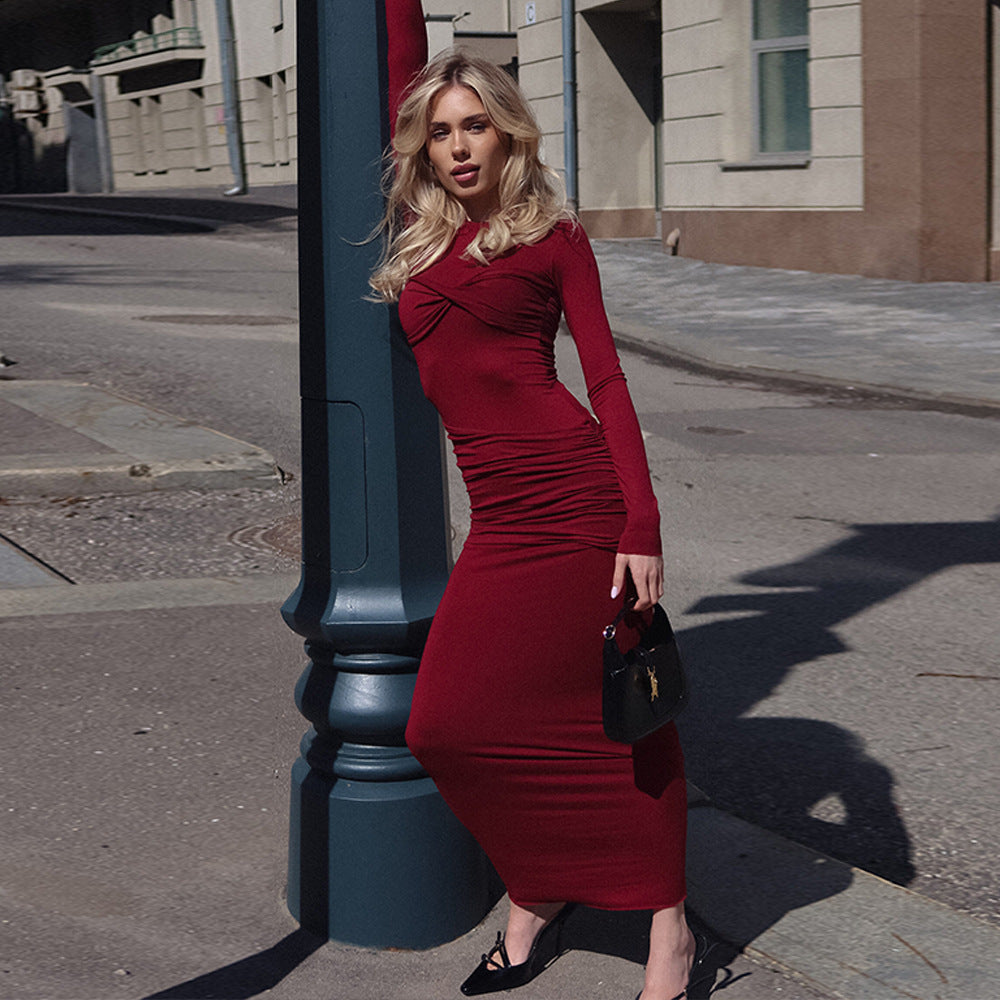 Slim Fit Solid Color Long Dress