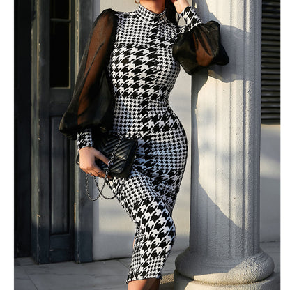 Houndstooth Long Sleeve Midi Dress