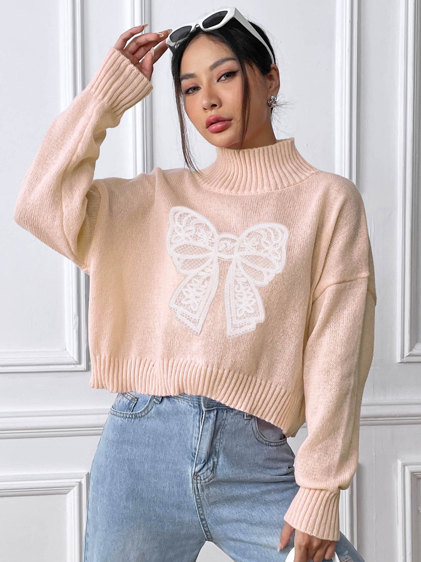 Lace Bow High Neck Sweater