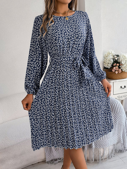 Pleated Long Sleeve Floral Dress