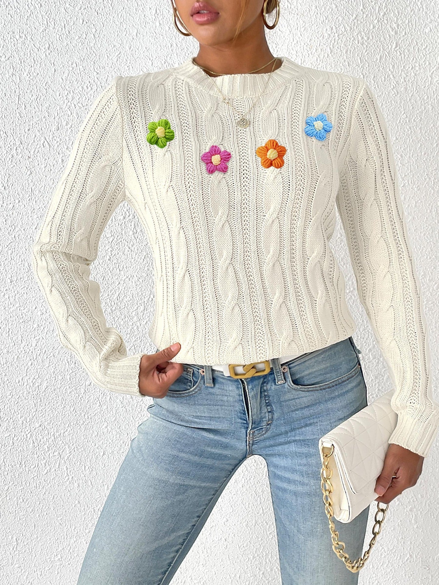 Flower Detail Round Neck Sweater