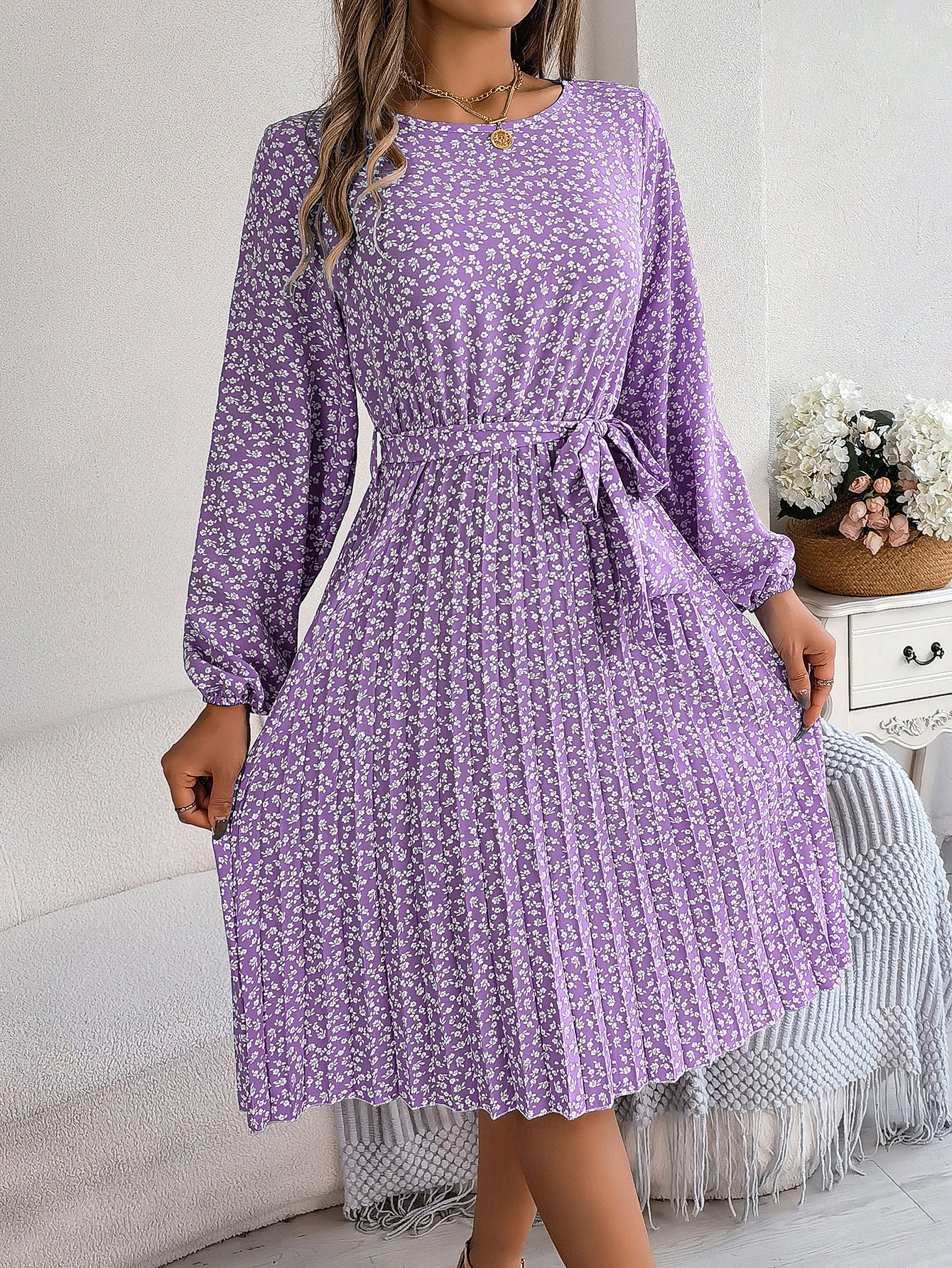 Pleated Long Sleeve Floral Dress