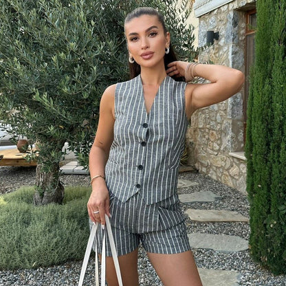 Striped Linen Vest and Shorts Set