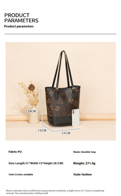 Women's Letter Printing Large-capacity Bucket Trendy Retro Style Shoulder Bag