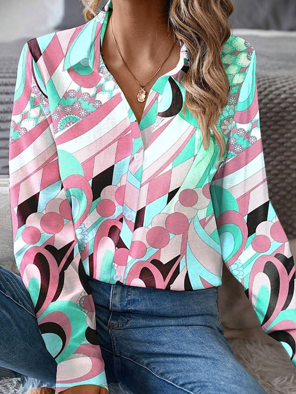 Geometric Print Button Down Top