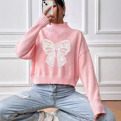 Lace Bow High Neck Sweater