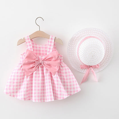 Baby Girl Plaid Skirt Fashion Girl Skirt Free Straw Hat