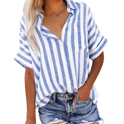 Striped Cotton Short Sleeve Button Down Top