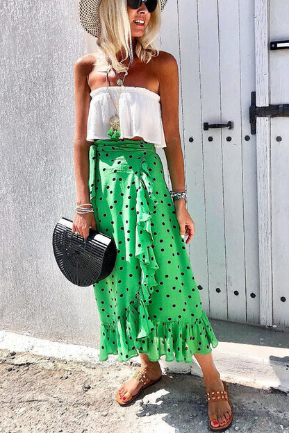 Polka Dot Ruffle Midi Skirt