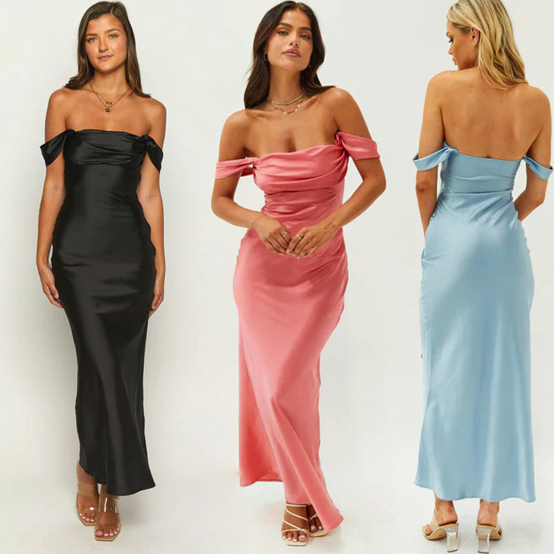 Off-Shoulder Satin Maxi Dress