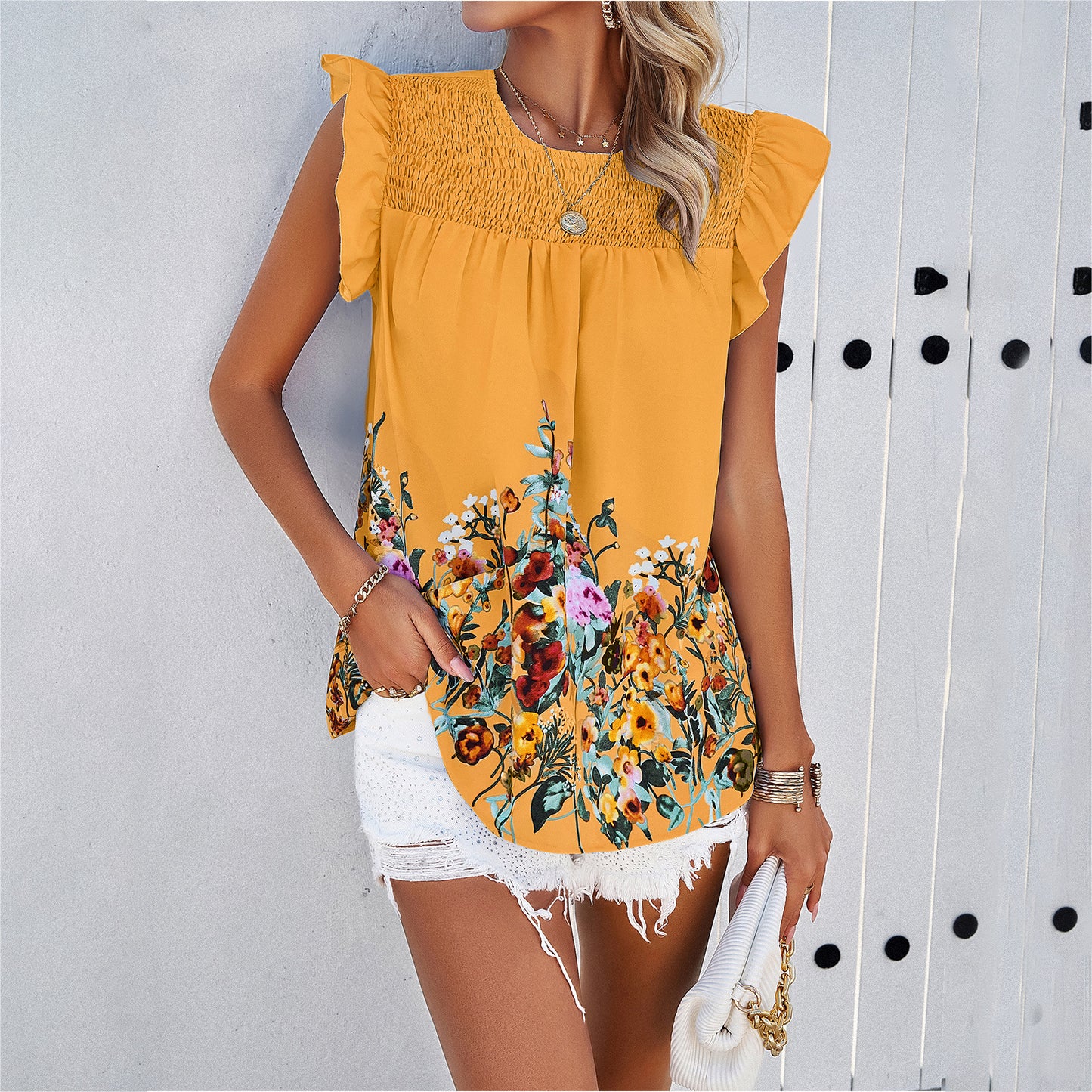 Floral Print Ruffle Short Sleeve Blouse