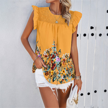 Floral Print Ruffle Short Sleeve Blouse