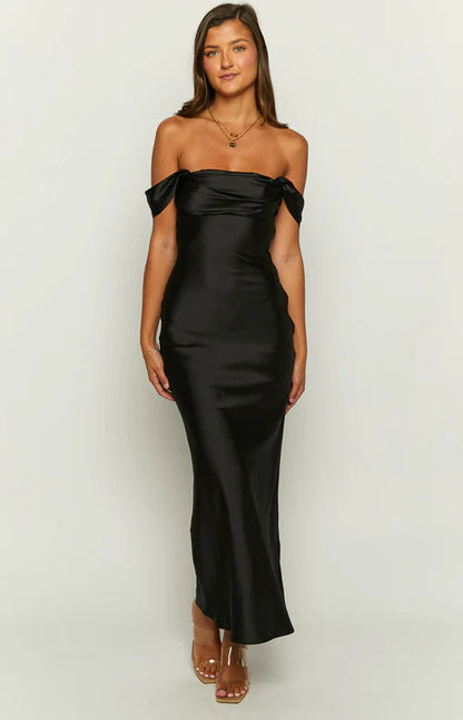 Off-Shoulder Satin Maxi Dress