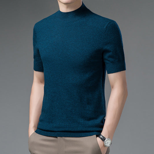 Half Turtleneck Pure Wool Sweater With Short Sleeves