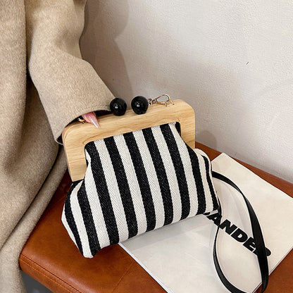 New Striped Canvas Wooden Clip-mouth Clutch