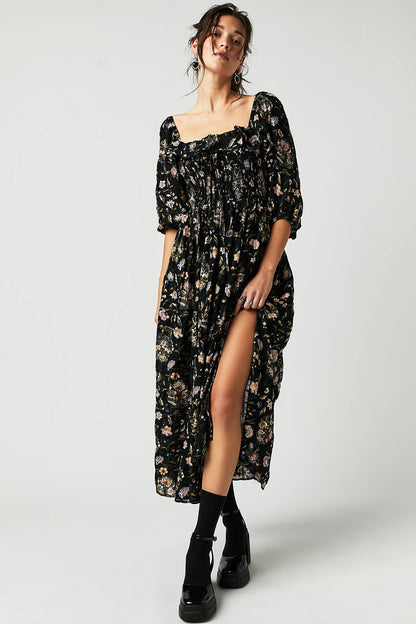 Square Collar Floral Maxi Dress