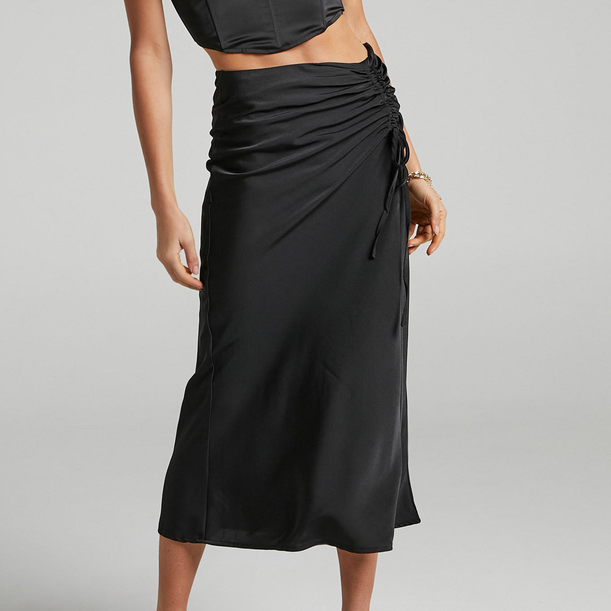 Satin Drawstring Midi Skirt