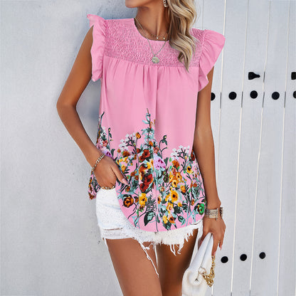 Floral Print Ruffle Short Sleeve Blouse