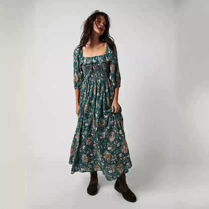 Square Collar Floral Maxi Dress