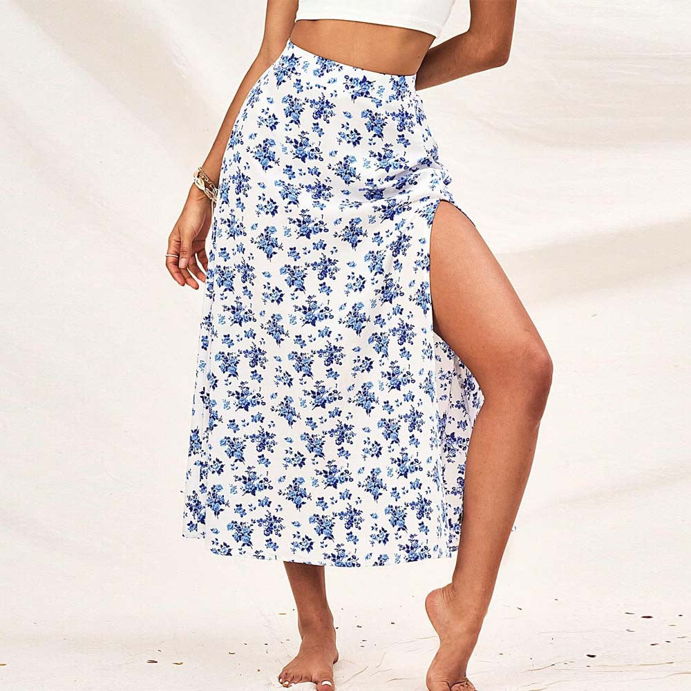 Small Floral Print Slit Skirt