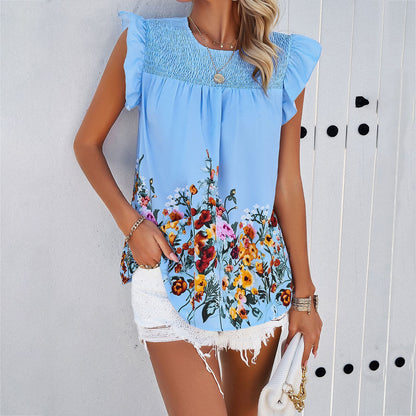 Floral Print Ruffle Short Sleeve Blouse