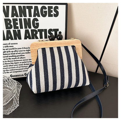 New Striped Canvas Wooden Clip-mouth Clutch